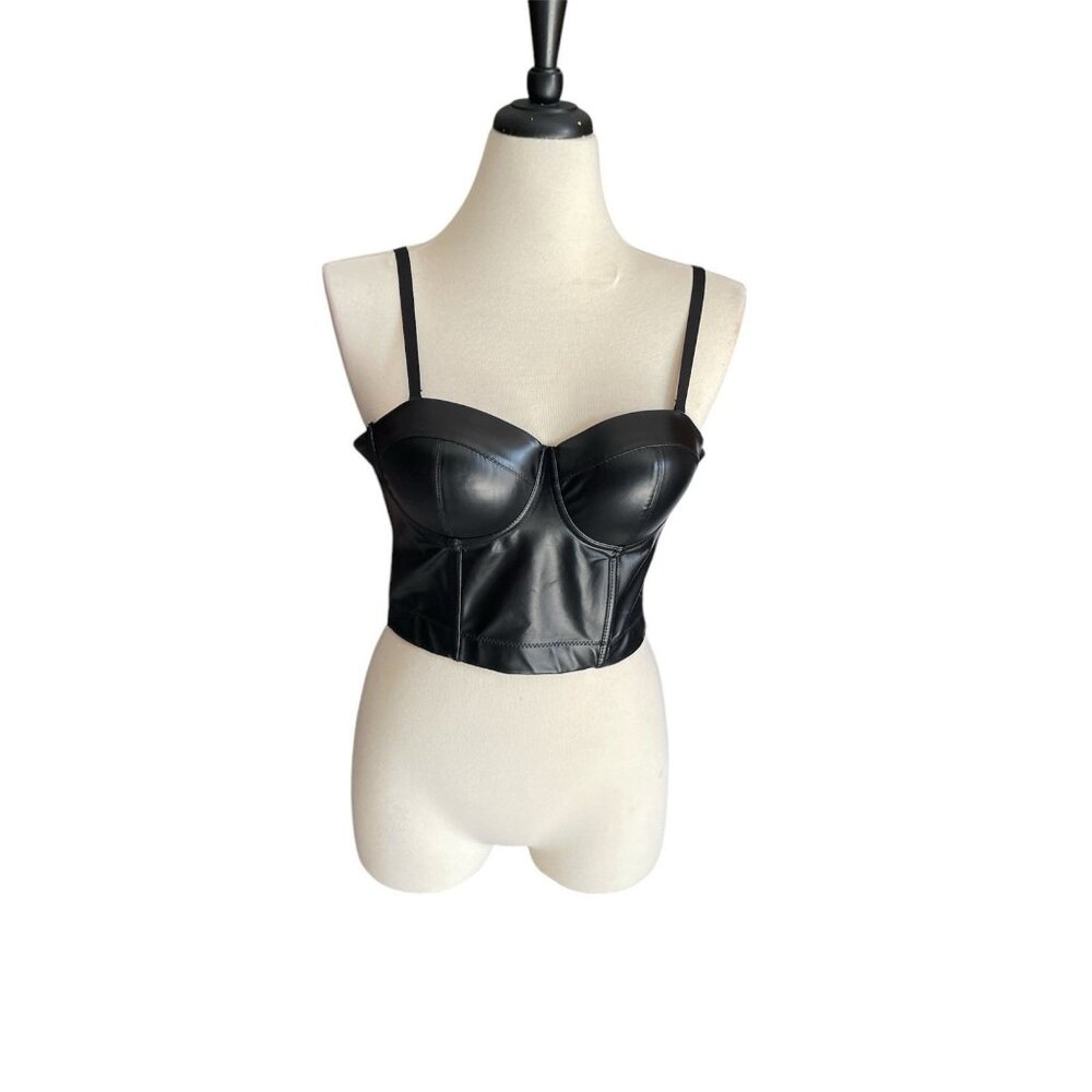 Sexy Women Wet Faux Leather Long Bra Top Under Wire  Party Clubwear Black